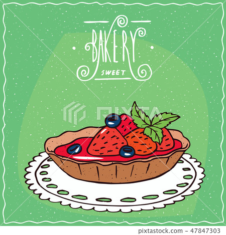 Tartlet with fresh strawberries on lacy napkin Tartlet with fresh strawberries on lacy napkin 47847303