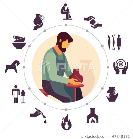 Ceramic dishes set and craft. Vector icon set of various kitchenware on the background. Pottery 47848181