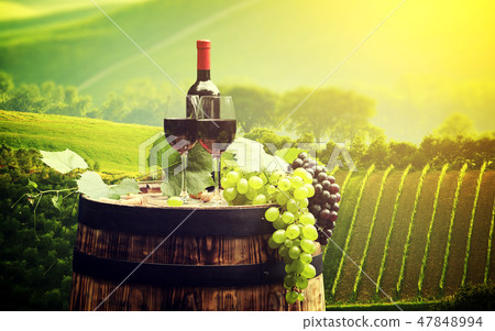 Red wine bottle and wine glass on wodden barrel. Red wine bottle and wine glass on wodden barrel. 47848994