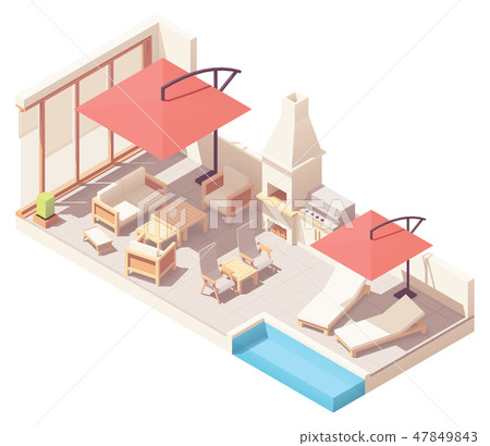 Vector isometric patio with barbecue and pool Vector isometric patio with barbecue and pool 47849843