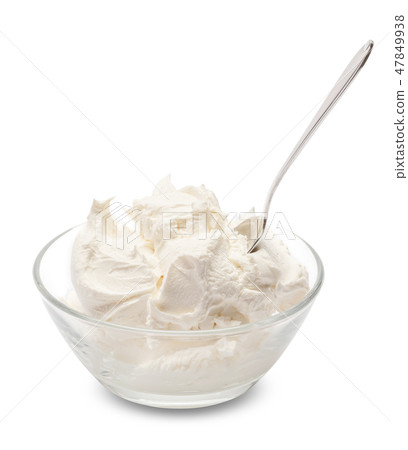 Traditional Mascarpone cheese in glass bowl isolated on white with clipping path Traditional Mascarpone cheese in glass bowl isolated on white with clipping path 47849938