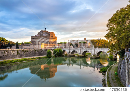 Castel Sant'Angelo and bridge over Tiber river Castel Sant'Angelo and bridge over Tiber river 47850386