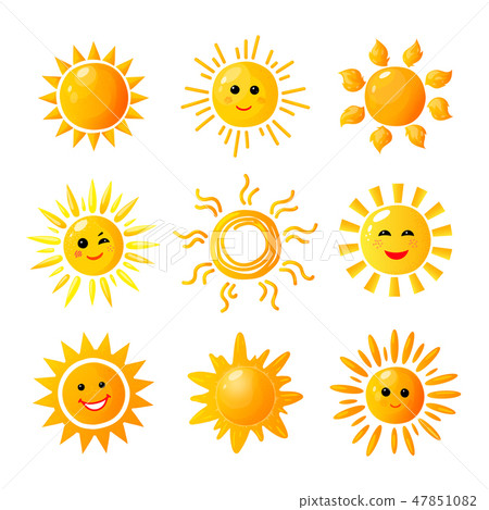 Cute sun. Hand drawn sunshine. Summer morning sunrise. Doodle vector warming joy icons 47851082