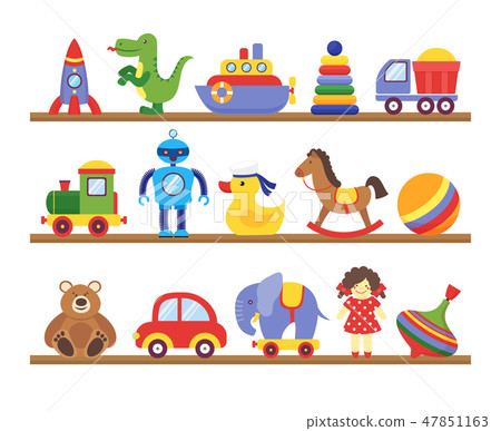 Toys on shelves. Cartoon toy on baby shopping wooden shelf. Dinosaur robot car doll isolated vector 47851163