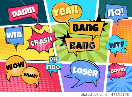 Comic speech bubbles. Cartoon pop art clouds comics page boom bang splash explosion sticker text 47851198