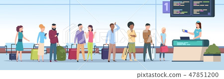 Airport queue. Airplane passengers check registration airport terminal. Traveling people, baggage 47851200