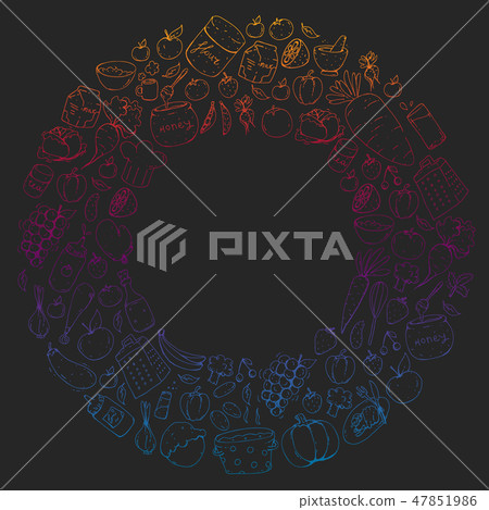 Healthy food and cooking. Fruits, vegetables, household. Doodle vector set. Healthy food and cooking. Fruits, vegetables, household. Doodle vector set. 47851986