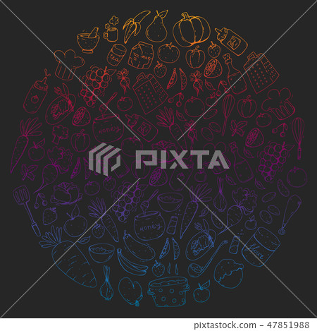 Healthy food and cooking. Fruits, vegetables, household. Doodle vector set. Healthy food and cooking. Fruits, vegetables, household. Doodle vector set. 47851988
