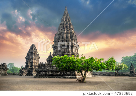 Prambanan Temple against sunrise sky. Indonesia Prambanan Temple against sunrise sky. Indonesia 47853692