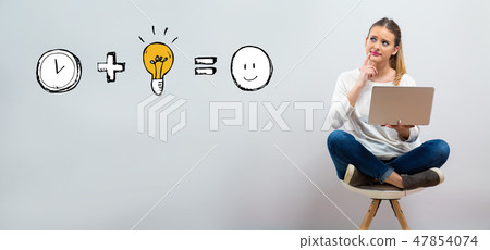 Time plus idea equals happy with young woman using her laptop Time plus idea equals happy with young woman using her laptop 47854074