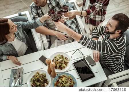 Top view of happy people that celebrating good result 47862218