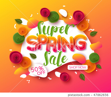 Colorful spring sale background with paper cut flowers and leaves Colorful spring sale background with paper cut flowers and leaves 47862656