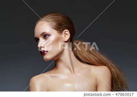 beautiful girl with long ponytail and red lips beautiful girl with long ponytail and red lips 47863017