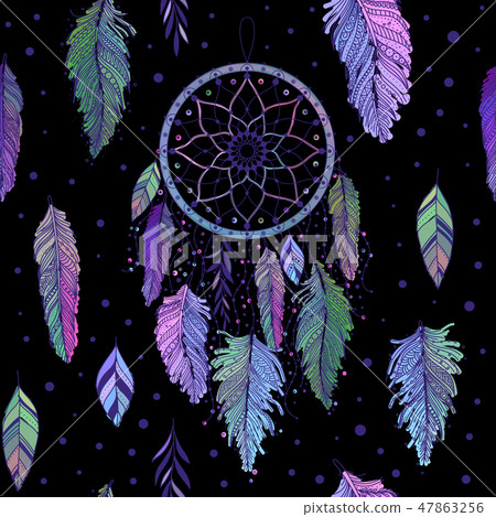 Dreamcatcher seamless pattern with colorful feathers vector 47863256