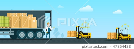 Automatic Forklift Car Carrying Freight to Truck Automatic Forklift Car Carrying Freight to Truck 47864428