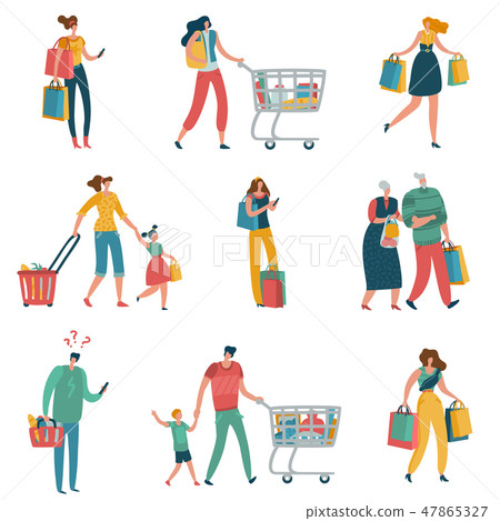 Shopping people. Persons shop family basket cart consume retail purchase store shopaholic mall 47865327