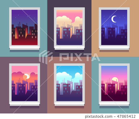 Windows day time. Early morning sunrise sunset, noon and dusk evening, night cityscape skyscrapers Windows day time. Early morning sunrise sunset, noon and dusk evening, night cityscape skyscrapers 47865412