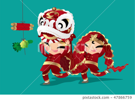 Two kids playing Chinese Lion dancing 47866759