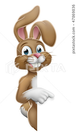 Easter Bunny Rabbit Pointing Cartoon at Sign 47869836