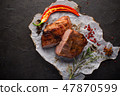 Baked meat with spices on black background 47870599
