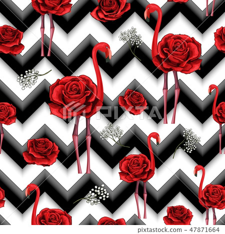 Trendy zigzag lines print embroidered red roses and flamingo seamless pattern Trendy zigzag lines print embroidered red roses and flamingo seamless pattern 47871664