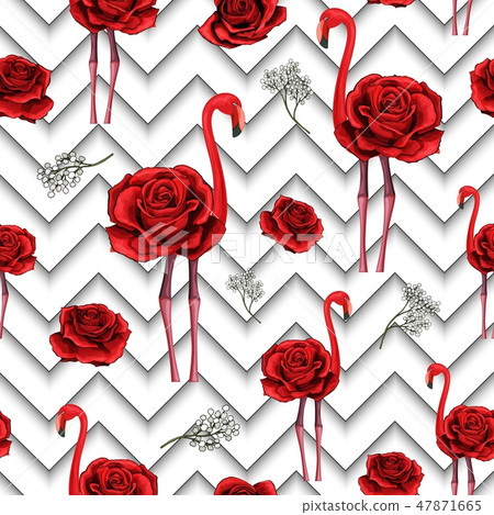 Trendy zigzag lines print embroidered red roses and flamingo seamless pattern Trendy zigzag lines print embroidered red roses and flamingo seamless pattern 47871665
