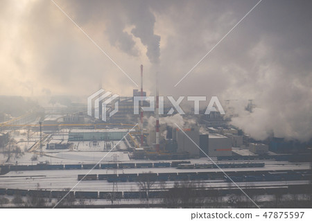 Aerial view of modern combined heat and powerplant Aerial view of modern combined heat and powerplant 47875597