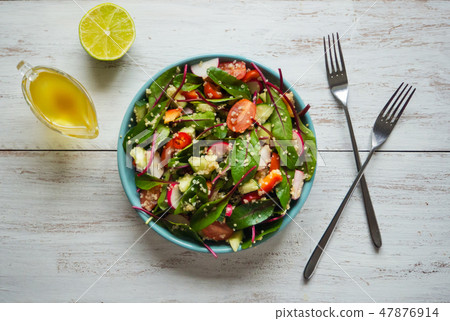 Fresh organic Chard Salad with quinoa. Top view. Fresh organic Chard Salad with quinoa. Top view. 47876914