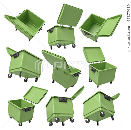 3d rendering of set of nine green trash bins isolated on white background 3d rendering of set of nine green trash bins isolated on white background 47877619