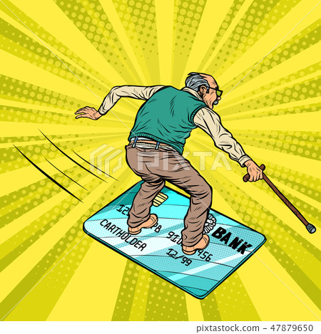 Retired old man and Bank card. Going snowboarding or water Board. 47879650