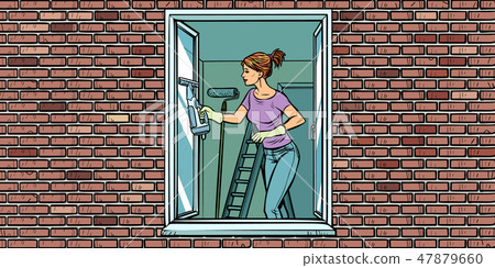 woman washes a window, home cleaning woman washes a window, home cleaning 47879660