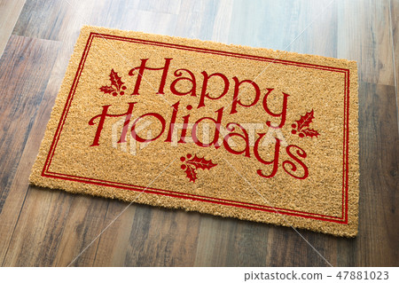 Happy Holidays Christmas Welcome Mat On Wood Floor 47881023