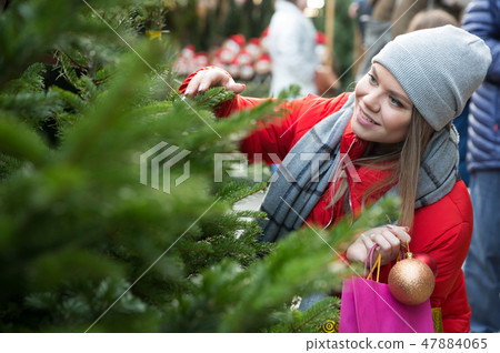 Happy young woman chooses a Christmas tree on the street market Happy young woman chooses a Christmas tree on the street market 47884065