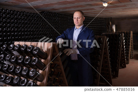 Wine producer controlling wine aging in winery vault 47885016