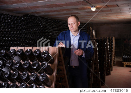 Male inspecting wine bottles in wine cellar Male inspecting wine bottles in wine cellar 47885046