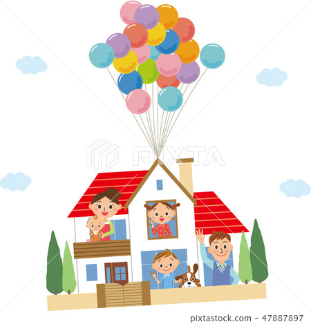 Families and balloons living in a detached house 47887897