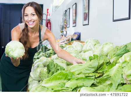 Seller wearing apron holding fresh cabbage head Seller wearing apron holding fresh cabbage head 47891722