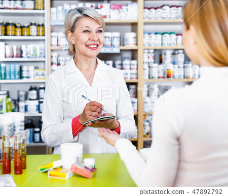 Mature female seller suggesting care products to young customer 47892792