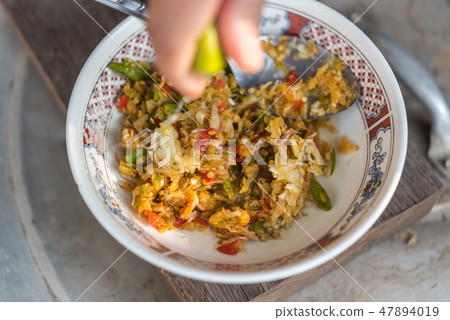 Green Chili Sauce (Seafood sauce) at street food Green Chili Sauce (Seafood sauce) at street food 47894019