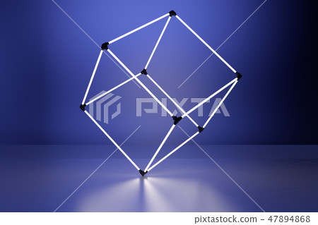 Neon glowing cube in interior room. Empty Showcase display. 3d rendering 47894868