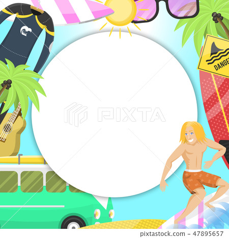 Summer icons banner, poster. Vacation on seaside. Palms, happy cartoon surfing man, diving suit Summer icons banner, poster. Vacation on seaside. Palms, happy cartoon surfing man, diving suit 47895657