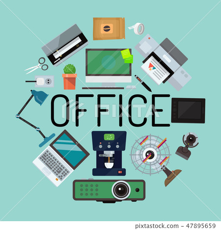 Office concept banner, poster vector illustration. Gadgets and tools for office work. Desktop 47895659