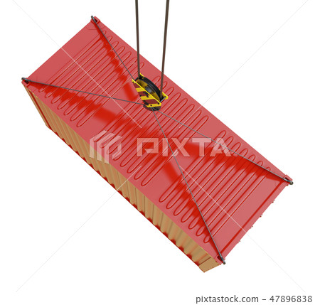 Red cargo container hoisted by hook Red cargo container hoisted by hook 47896838