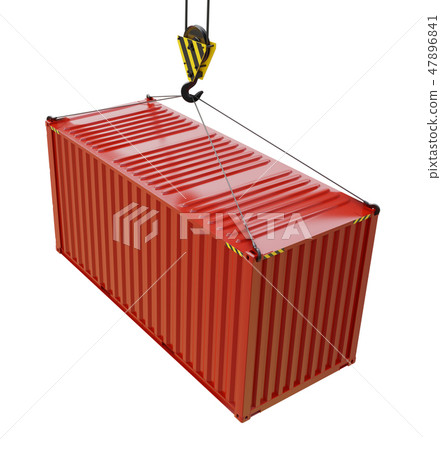 Red cargo container hoisted by hook Red cargo container hoisted by hook 47896841