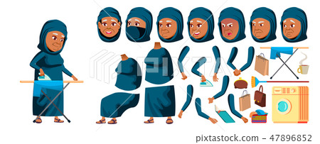 Arab, Muslim Old Woman Vector. Senior Person Portrait. Elderly People. Aged. Animation Creation Set Arab, Muslim Old Woman Vector. Senior Person Portrait. Elderly People. Aged. Animation Creation Set 47896852
