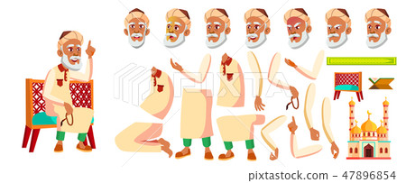 Arab, Muslim Old Man Vector. Senior Person Portrait. Elderly People. Aged. Animation Creation Set Arab, Muslim Old Man Vector. Senior Person Portrait. Elderly People. Aged. Animation Creation Set 47896854