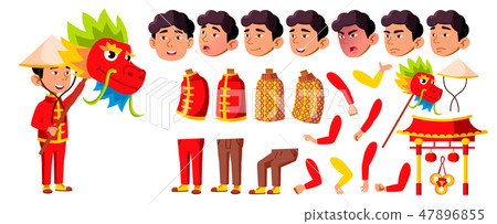Asian Boy Kindergarten Kid Vector. Animation Creation Set. Face Emotions, Gestures. Dragon, Festival Asian Boy Kindergarten Kid Vector. Animation Creation Set. Face Emotions, Gestures. Dragon, Festival 47896855