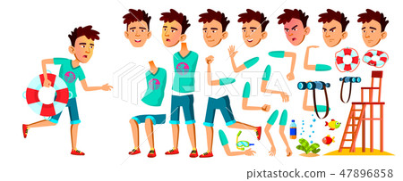 Asian Teen Boy Vector. Lifeguard On The Beach. Animation Creation Set. Face Emotions, Gestures Asian Teen Boy Vector. Lifeguard On The Beach. Animation Creation Set. Face Emotions, Gestures 47896858