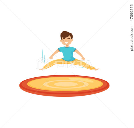 Smiling boy jumping on trampoline and making twine. Children leisure. Active recreation. Cartoon 47899253