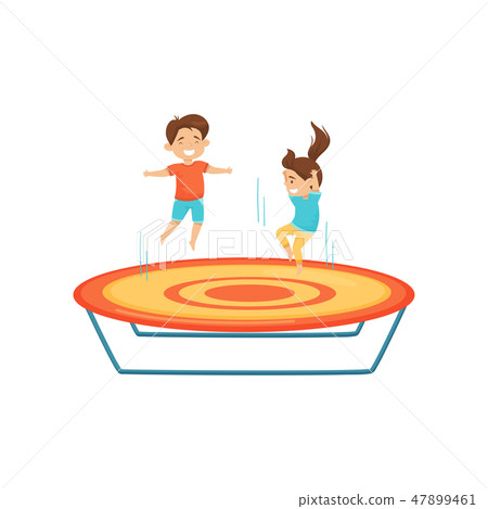 Little boy and girl jumping on trampoline. Kids... - Stock Illustration ...